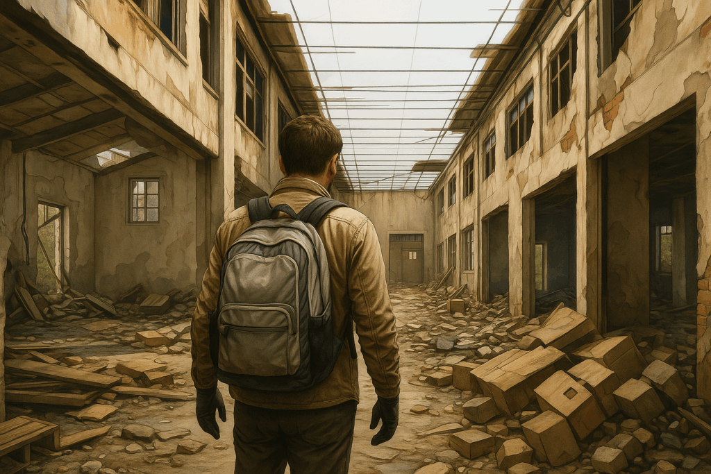 A person exploring an abandoned warehouse